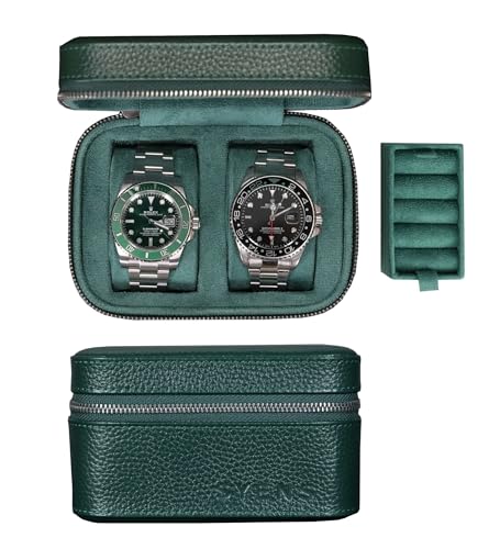 2 Watch Travel box Real Top-grain Leather Two Watch Roll Case for Man and Women Watch Packing Box Storage Organizer with Suede to Protection Zipper Fit All Watches Up to 60mm (2W-Z-GR) - color: 2W-Z-GRR