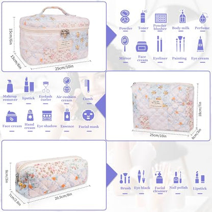Gosect Makeup Bag Set, Quilted Makeup Bags, Large Floral Cosmetic Bag for Women, Cute Cotton Makeup Bags, Flower Travel Toiletry Organizer Bag (Folk Style) - color: MZF