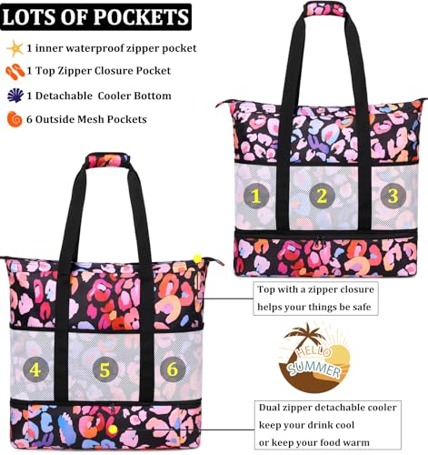 JIANYA Beach Bag Women Waterproof Sandproof Beach Tote Bags with Cooler Top Zipper Large Totes for Pool Travel Daily - color: Pink Leopard-pink