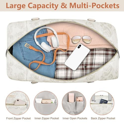 ITIEZY Weekender Overnight Bag for Women - Large Travel Duffel Bag with Shoe Compartment, Gym Duffel Bag Hospital Bag Carry On Tote Bags for Airplanes with Crossbody Bag Toiletry Bag 3Pcs Set - color: 4-Beige Flower