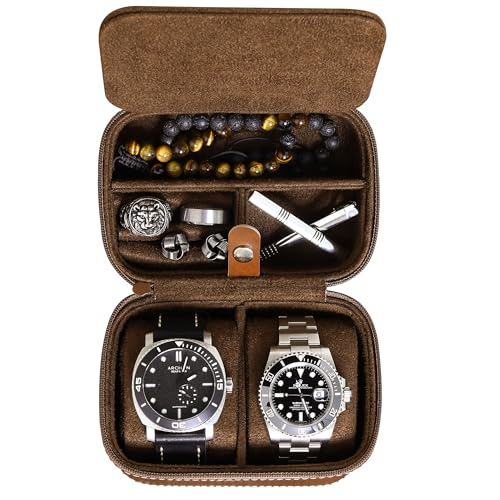 ROTHWELL 2 Watch Travel Case Storage Organizer for 2 Watches | Tough Portable Protection w/Zipper Fits All Wristwatches & Smart Watches Up to 50mm - color: Tan/Brown - w/ Accessory Lid