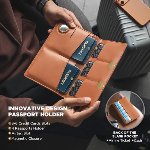 VULKIT Family Passport Holder for 4 Leather Passport Wallet with Airtag Slot Multiple Passport Holder RFID Blocking Bifold Travel Documents Organizer - color: Brown