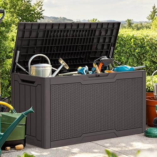 YITAHOME 80 Gallon Resin Deck Box, Weather Resistant Outdoor Rattan Storage Box, Lockable Indoor Outdoor Storage for Supplies and Essentials, Dark Brown - color: Dark Brown, size: 80 gallon