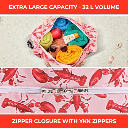 Beach Bag and Pool Bag Has Cooler Pocket, 7 Pockets Total, Zip Top. Family Size Waterproof Beach Tote - color: Lobsters