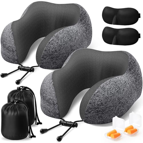 ExploreBliss Travel Pillow, 2 Pack Travel Pillows for Sleeping Airplane, Removable Cover Neck Pillow with Adjustable Clasp, Memory Foam Neck Pillow Set (Dark Grey*2) - color: Dark Grey*2