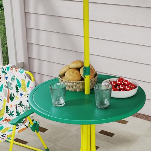 Qaba Kids Picnic Table and Chair Set, Outdoor Activity Table with Foldable Chairs, Removable Umbrella, Monkey and Giraffe Pattern Toddler Patio Furniture for Backyard, Garden, Green