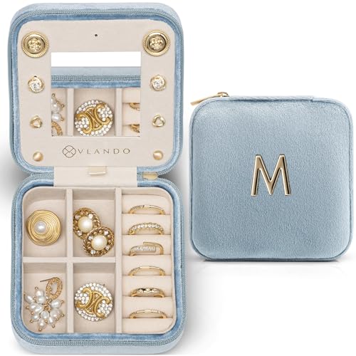 VLANDO Holidays Day Gift for Women Girls, L Initial Travel Jewelry Case, Small Jewelry Travel Case, Personalized Travel Mini Jewelry Case, Birthday Gifts for Women Mom Grandma - Letter M, Blue - color: Blue, size: Letter M