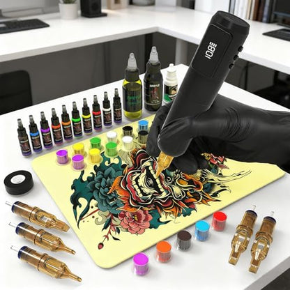 Tattoo Kit, Wireless Tattoo Gun Kit with LED Display 1600mAh Battery Rotary Tattoo Machine Kit for Beginners Complete Set with 10PCS Cartridge Needles, Ink Set, Transfer Gel and Transfer Papers