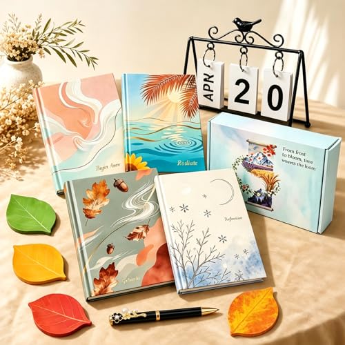 Premium Four Seasons Journal Gift Set, 4 A5 Hardcover Notebooks with Metal Bird Perpetual Calendar, Pen & Leaf Sticky Notes, Memory Keeping & Reflection Elegant Gift Box for Women, Teachers, Moms, Office Desk Decor (Azure) - color: Azure