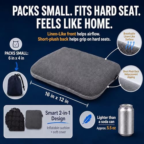 Inflatable Stadium Seat Cushion for Bleachers, Portable Air Pad that Packs Small, Breathable Top & Non-Slip Bottom, Removable Washable Cover for Sports Games, Concerts & Outdoor Events