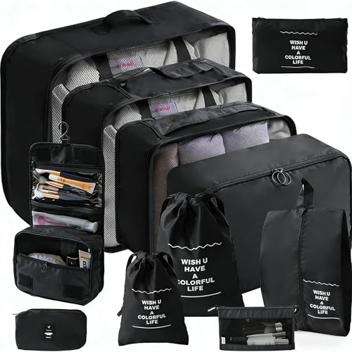 11 Set Packing Cubes for Travel Essentials, Suitcase Organizer Bags for Airplane Road Trip Camp - Black - color: Black, size: 11 Set