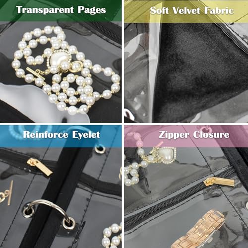Travel Jewelry Organizer Case,Jewelry Bags for Traveling, Jewelry Binder with 24 Pcs Clear Zipper Velvet Pouches for Storing Earrings, Rings, Necklace, Bracelet, Watch (Black) - color: Black