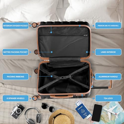 Flight Knight Luggage Set For Travel Expandable 4 Piece Large Checked Bags TSA Lock 360 Silent Double Spinner Wheels Hardside Suitcase With 24x16x10 Carry-On Max Bag Size Virgin, South West Airlines - color: Black/Tan, size: 4 Piece Set (18/24/27/31")
