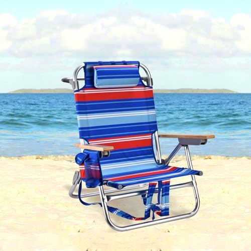 2 Pack Backpack Beach Chairs for Adults Capacity 300 LBS Low 5 Position Beach Chair with Pouch Straps Folding Lightweight Reclining Aluminum Wide Lay Flat Single - color: 10in Wood Red Blue Stripes 2 Pack