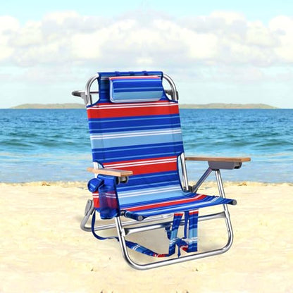 2 Pack Backpack Beach Chairs for Adults Capacity 300 LBS Low 5 Position Beach Chair with Pouch Straps Folding Lightweight Reclining Aluminum Wide Lay Flat Single - color: 10in Wood Red Blue Stripes 2 Pack