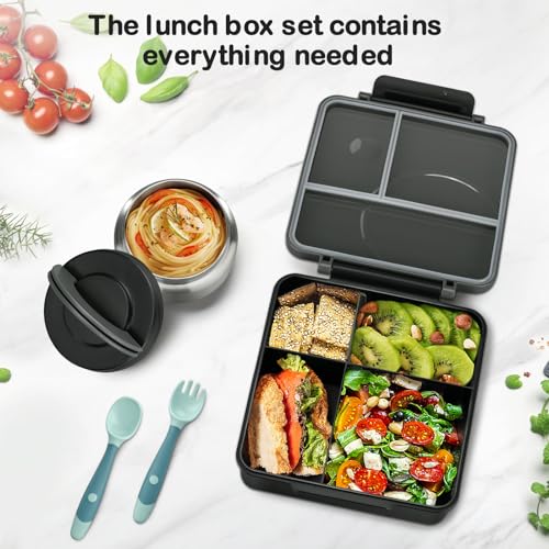 Bento Lunch Box Set for Kids with 8oz Soup Thermo, Leak-Proof Lunch Containers with 4 Compartment, Kids Thermo Hot Food Jar and Insulated Lunch Bag for Kid to School-Black - color: Black