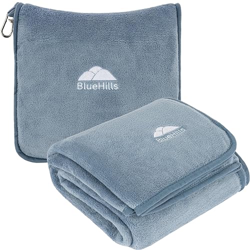 BlueHills Premium Soft Long Travel Blanket Pillow for Tall Airplane Flight Essentials Large Compact 2 in 1 Airline Throw Packable Warm Plane Traveling Comfort Accessories Grayish Blue T056 - color: Grayblue-long-t056