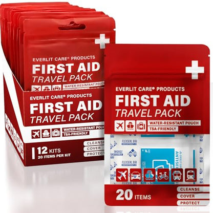 EVERLIT CARE Travel Bandage Pack | 12 Individual Packets, Bulk Portable Mini First Aid Kit with 20 On-the-Go Essentials | Compact Water-Resistant Reusable Pouch to Clean, Cover & Protect
