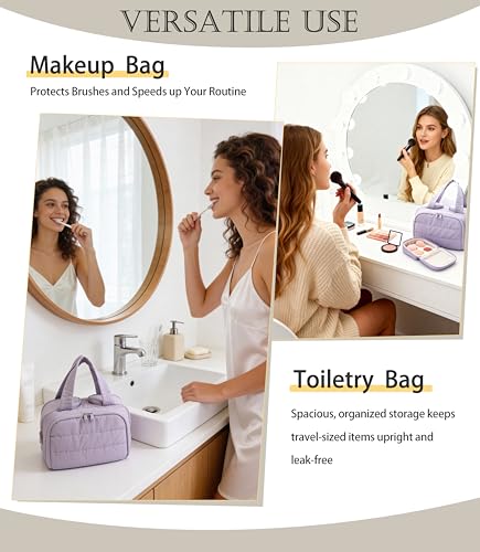 Travel Toiletry Bag for Women, Large Wide-open Puffy Cosmetic Makeup Bag with Wet-Dry Separation, Multi-Pocket Organizer with Carry Handle for Toiletries, Cosmetics, Essentials, Light Purple - color: Light Purple