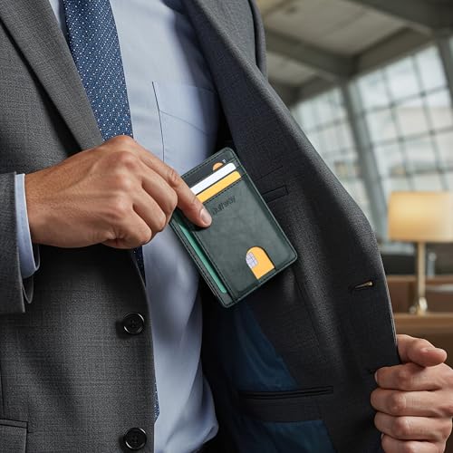 Buffway Slim Minimalist Front Pocket RFID Blocking Leather Wallets for Men and Women - Alaska Green - color: Alaska Green