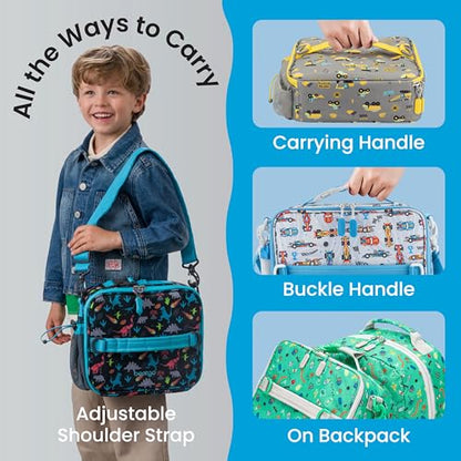 Bentgo Kids Prints Lunch Bag - Double-Insulated, Reusable, for Kids 3+, Adjustable Strap; Holds Lunch Box/Water Bottle/Snacks; Easy-Clean, Water-Resistant, Pockets (NEW Race Cars) - color: Race Cars