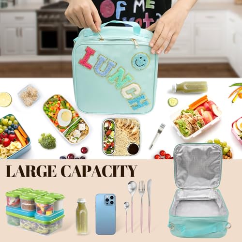 Insulated Lunch Bag With Adjustable Shoulder Strap, Nylon Preppy Lunch Box Large Insulated Lunch Bag Reusable Lunch Tote Bag with Smiley Preppy LunchBag for Girls School Travel Picnic (Green) - color: Green