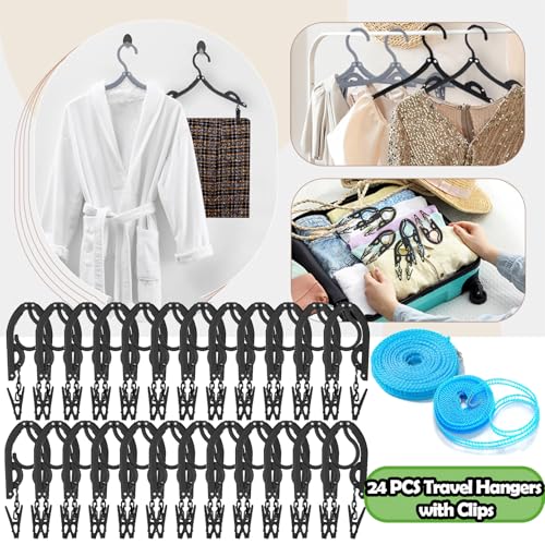 24 PCS Travel Hangers,Portable Folding Clothes Hanger,Travel Accessories Foldable Travel Hangers with Clips,Foldable Clothes Drying Rack for Travel,Black Plastic Non Slip Clothing Hangers - size: 24PCS
