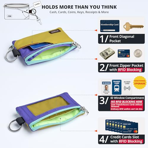 RFID Blocking Travel Wallet with Adjustable Lanyard, Small Nylon Zipper Pouch and Badge Holder for ID, Credit Cards, Cash, Keys, Commuters (DarkYellow+Violet) - color: DarkYellow+Violet