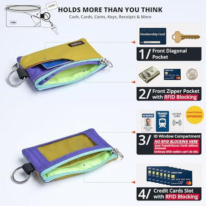 RFID Blocking Travel Wallet with Adjustable Lanyard, Small Nylon Zipper Pouch and Badge Holder for ID, Credit Cards, Cash, Keys, Commuters (DarkYellow+Violet) - color: DarkYellow+Violet