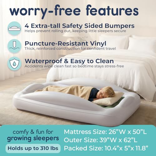 Hiccapop Inflatable Toddler Travel Bed with Safety Bumpers [4-Sided], Portable Toddler Bed for Kids, Toddler Air Mattress, Kids Air Mattress - Sage Green - color: Sage Green