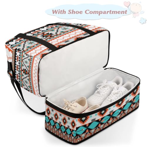 Travel Duffle Bags With Shoes Compartment for Women Men Aztec Western Ethnic Geometric Lightweigh Sports Tote Gym Bag Foldable Canvas Weekender Overnight Carry On Luggage Handle Bag - color: A04:Aztec Western