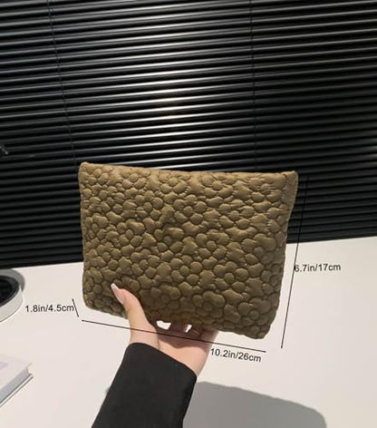 Puffy Quilted Makeup Bag, Cosmetic Bag, Travel Toiletry Organizer Pouch, Clutch for Wom (Brown Flower) - color: Brown Flower