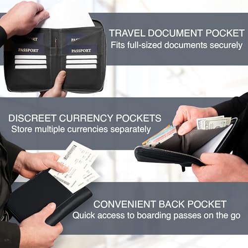 Full Grain Leather Family Passport Holder for 4 Passports - RFID Passport Holder and Travel Document Organizer - Large Leather Travel Wallet for Families - Black - color: Black