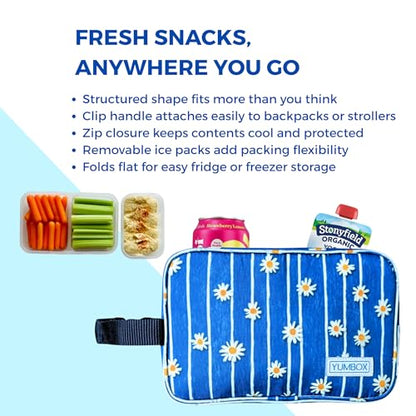 Yumbox Chill Snack Bags with 2 Removable Gel Ice Packs, Flexible Cooling, Insulated Lunch Bag, Wipe Clean fabric, Lined, Zipper Closure, Buckle Strap, Daisy Print - color: Daisies