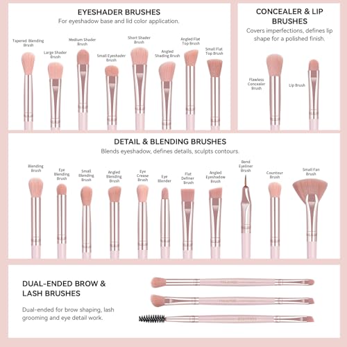 MAANGE 30 Pcs Professional Makeup Brush Set with Travel Case – Kabuki, Foundation, Powder, Blush,Blending& Eyeshadow Brushes, Labeled for Gift-Ready Box,PinkGold - color: PinkGold