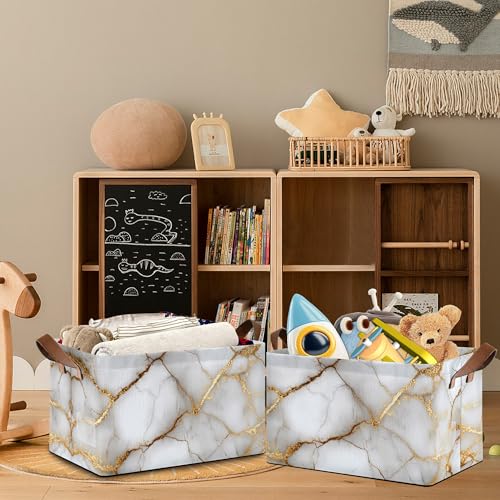 White Gold Marble Storage Baskets,Foldable Large Capacity Organizer Bins with Waterproof Lining and Leather Handles for Closet,Shelf,Bedroom 17x11.5x10Inch - color: White Gold Marble