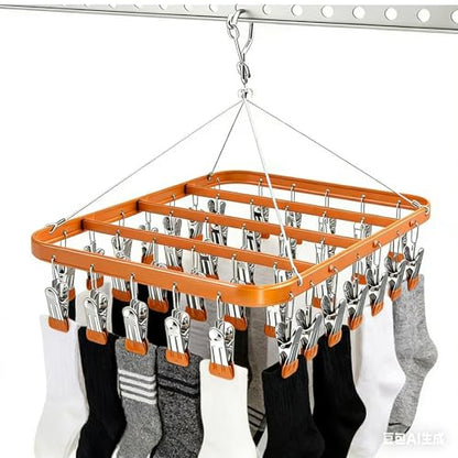 Clothes Drying Racks Clip Hangers Metal with 36 Clips Windproof Hook Underwear Hanger Foldable Laundry Clip for Socks Bras (Gold) - color: Gold