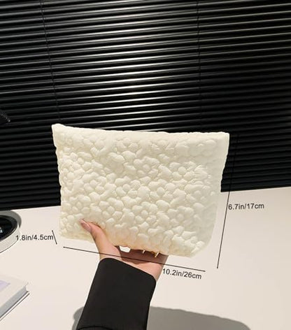 Puffy Quilted Makeup Bag, Cosmetic Bag, Travel Toiletry Organizer Pouch, Clutch for Wom (White Flower) - color: White Flower