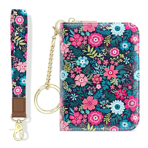 Aiawoxc Credit Card Holder, Small RFID Wallet Slim Leather Card Organizer Case with Zipper and Wristlet Strap, Elegant Flowers - color: B-Elegant Flowers, size: Wrist Strap