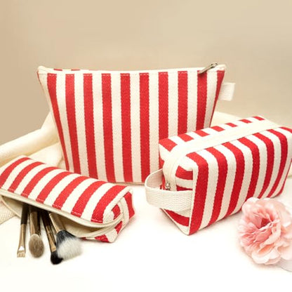 3 Pcs Makeup Bag Set Striped Canvas Purse Cosmetic Bag For Women Travel Toiletry Pouch Organizer pencil case (Red-White) - color: Red-White