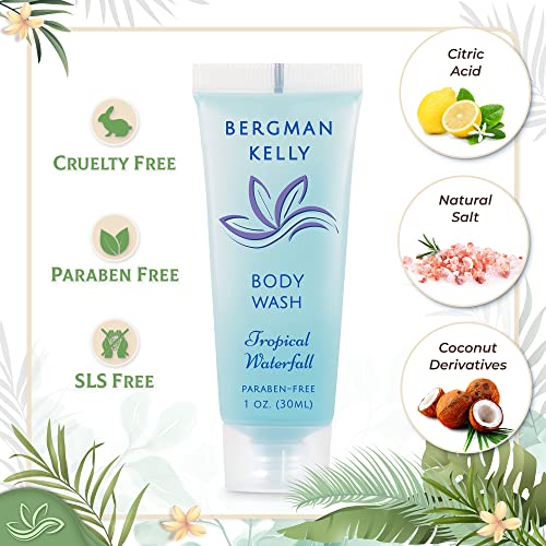 BERGMAN KELLY Travel Size Body Wash (1 fl oz, 100 PK, Tropical Waterfall), Delight Your Guests with an Invigorating and Refreshing Hotel Body Wash, Mini and Small Size Guest Hotel Toiletries in Bulk - size: 1 Fl Oz (Pack of 100)