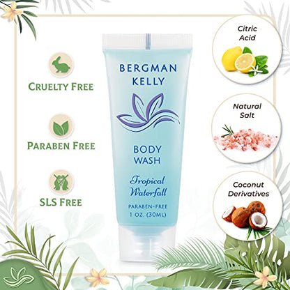 BERGMAN KELLY Travel Size Body Wash (1 fl oz, 200 PK, Tropical Waterfall), Delight Your Guests with an Invigorating and Refreshing Hotel Body Wash, Mini and Small Size Guest Hotel Toiletries in Bulk - size: 1 Fl Oz (Pack of 200)