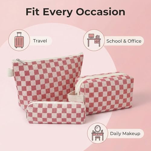 3 Pcs Canvas Makeup Bag Set Checkered Cosmetic Pouch for Women Travel Toiletry Bag Cute Makeup Organizer Purse Pouch Preppy Pencil Case with Zipper (Checkered Red) - color: Checkered Red