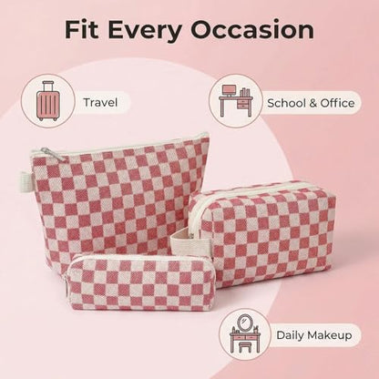 3 Pcs Canvas Makeup Bag Set Checkered Cosmetic Pouch for Women Travel Toiletry Bag Cute Makeup Organizer Purse Pouch Preppy Pencil Case with Zipper (Checkered Red) - color: Checkered Red