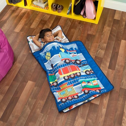 EVERYDAY KIDS Toddler Nap Mat with Removable Pillow -Choo Choo Train- Carry Handle with Fastening Straps Closure, Rollup Design, Soft Microfiber for Preschool, Daycare, Sleeping Bag - Ages 2-6 Years - color: Choo Choo Train
