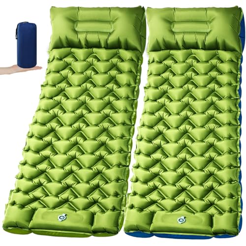 2 Pack Camping Sleeping Pad 4-Inch Thick with Foot Pump & Pillow, Inflatable Sleeping Mat for Side Sleepers, Stays Firm All Night, Lightweight for Hiking, Backpacking & Tent Camping - color: Green/Blue + Green