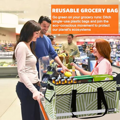 Upgrade Extra Large Utility Tote Bag with Reflective Strip, Standing Reusable Grocery Bags with Hard Bottom, Collapsible Utility Tote with Handles for Shopping, Beach, Picnics, Car, Twill Green - color: Twill Green