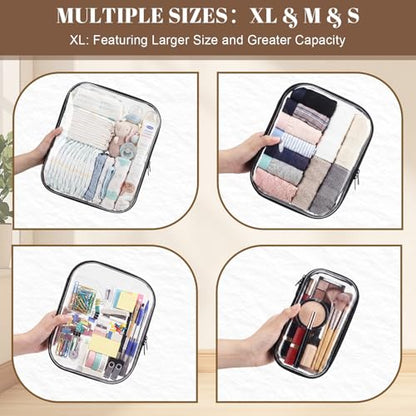 12 Pack Clear Hard Shell Zipper Case with 40 Labels, X-Large/Medium/Small Stackable Clear Pouches, Crush-resistant Travel Toiletry Bag Organizer for Makeup Board Games Electronics (Black)