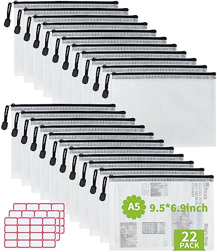 Vuzvuv A5-22 PCS 9.49"x 7.09"Mesh Zipper Pouch Set，Resistant Document File Folders Plastic Mesh Bag with Label Sticker for File, Document, Makeup, Board Game School Office Home Travel Storage - color: Black White-a5