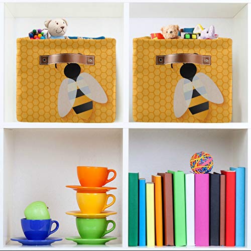 Cute Bee Square Storage Basket Bin Canvas Fabric Compressible Organizer Basket with Handle for Bedroom Nursery Office, 1PCS - color: Bee 1